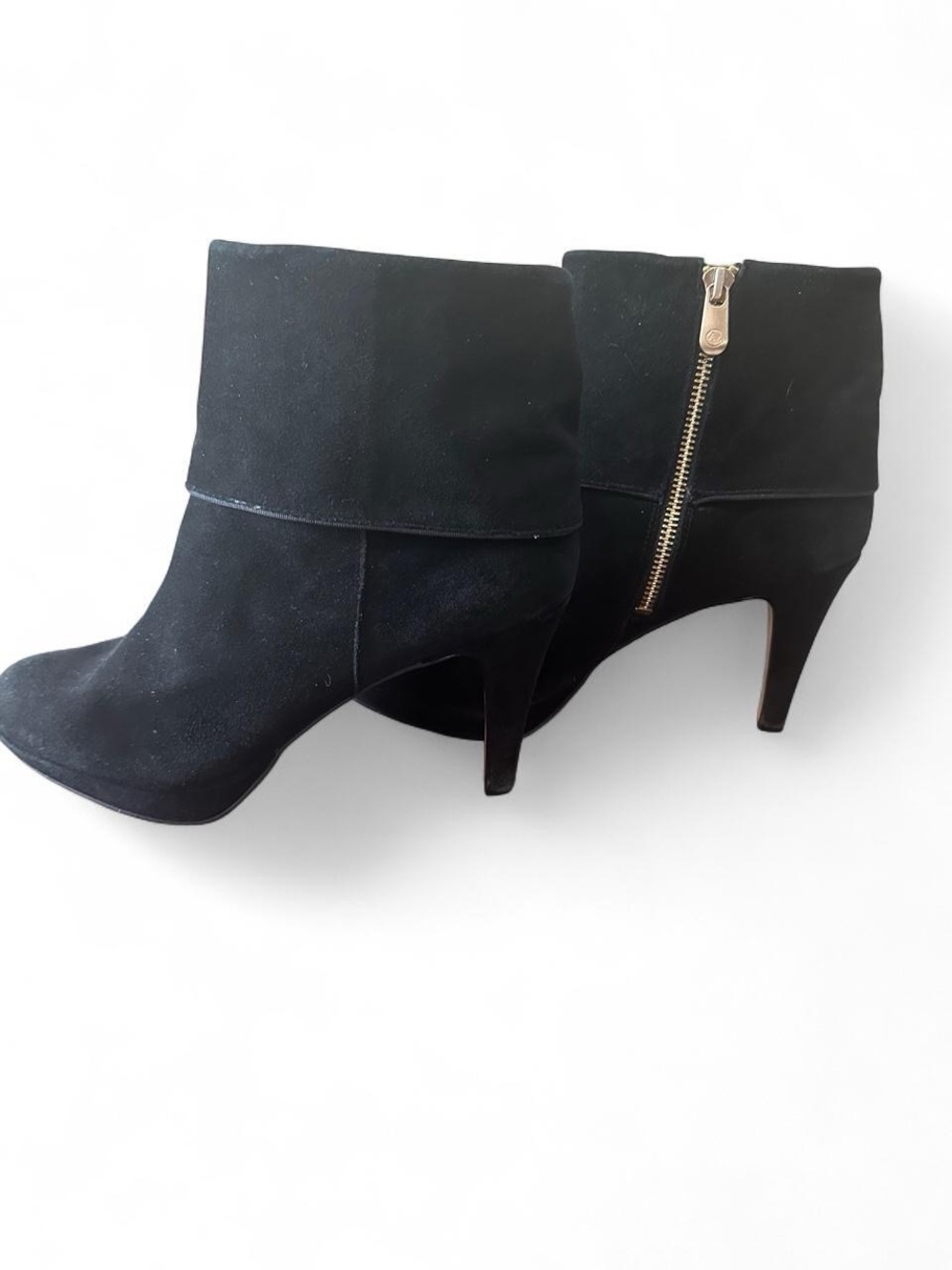 Adrienne Vittadini Black Suede Fold-Over Ankle Booties with Gold Zip